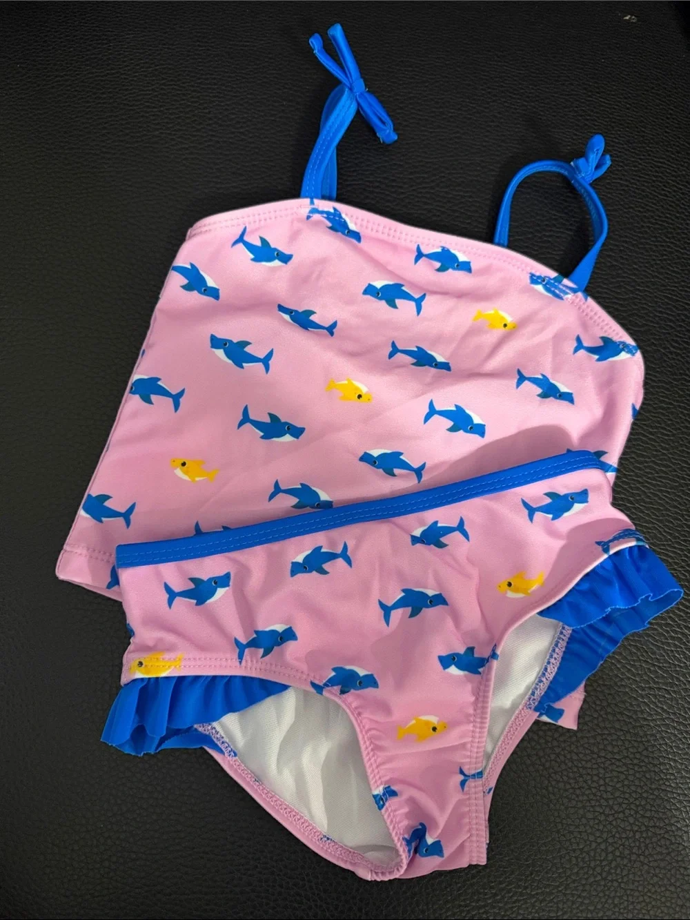 Girls Pink Shark Print Two-Piece Swim Set with Blue Trim